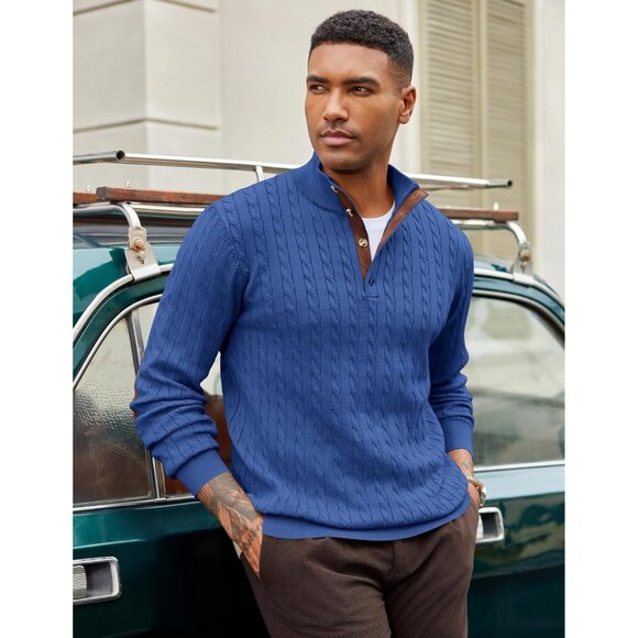 Men's Cable Knitted Pullover Sweaters Long Sleeve Stand Collar Button Up Blue - Picture 3 of 6